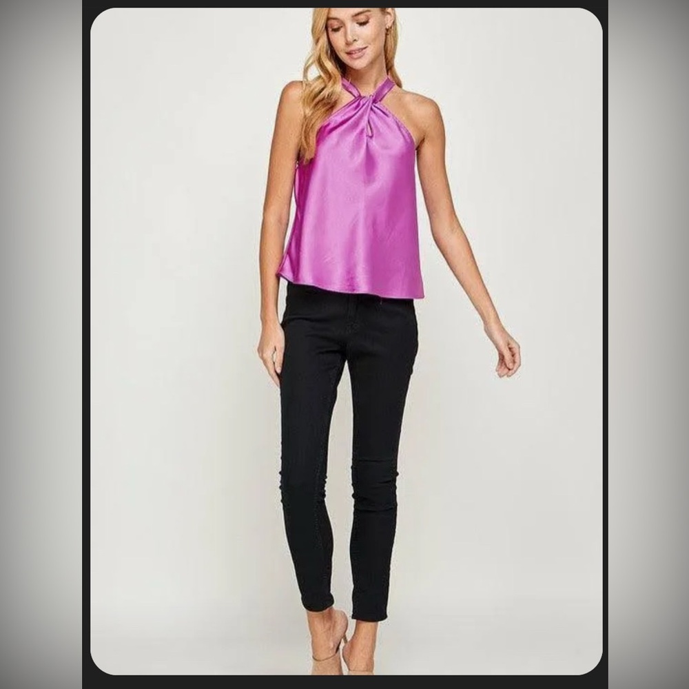 Ellison Size Large Satin Halter Top in Purple Orchid